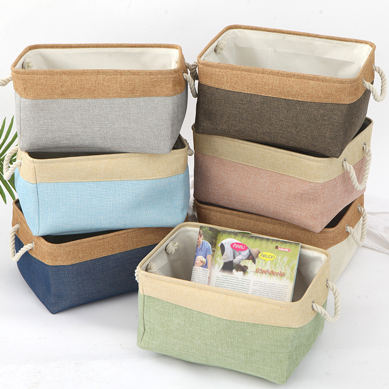 Double linen storage basket solid color dirty clothes storage basket desktop cosmetics storage basket handle basket wholesale