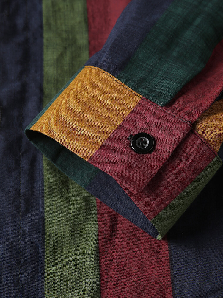 Explosions Men's Striped Shirt 2020 Men's Contrast Color Striped Cotton and Linen Belt Breathable Long Sleeve Shirt in stock