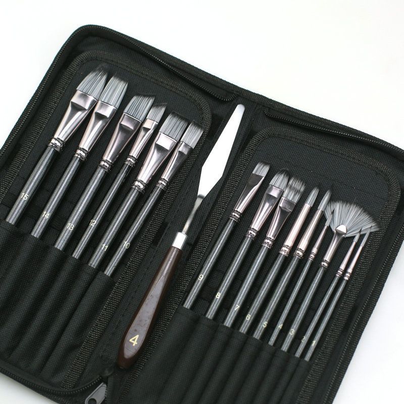 Cross-border canvas bag 15 oil brushes suit nylon wool watercolor painting art brushes with scraper sponge in stock
