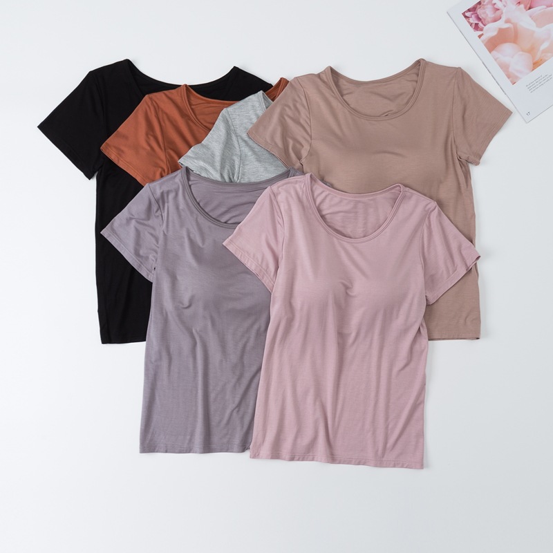 Modal Short-sleeved T-shirt with Chest Pad No Wear Bra Cup One-piece Top Yoga Pajamas Women's Summer