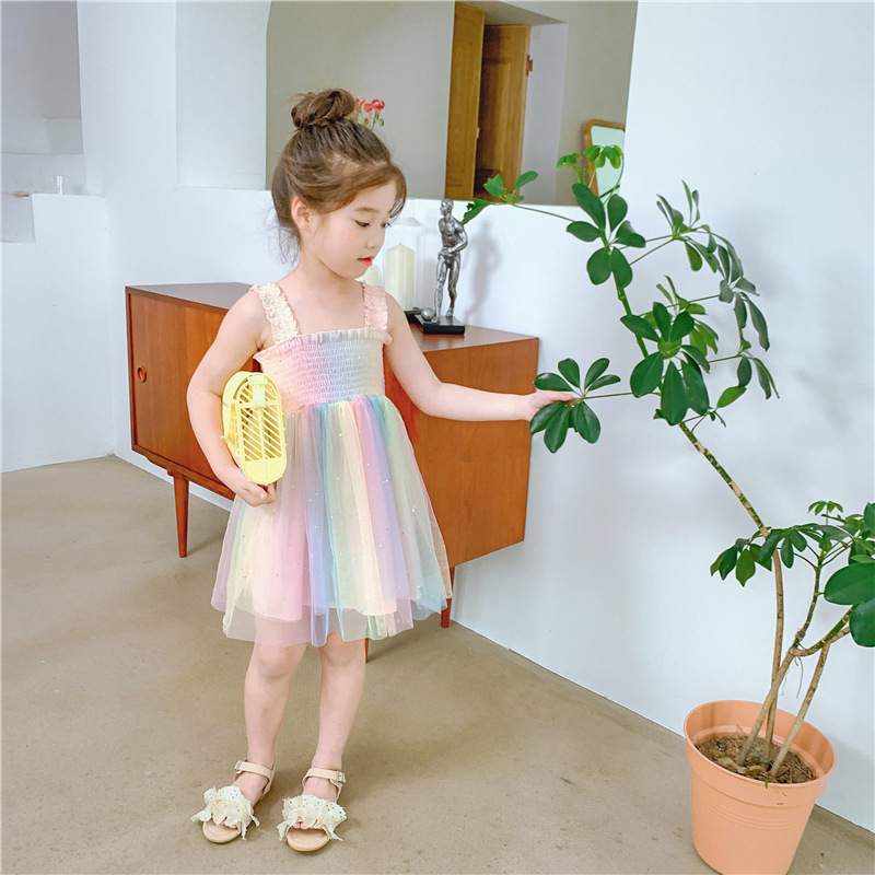 女童裙子彩虹壓皺網紗吊帶裙公主裙24夏裝新款外貿童裝代發3-8歲
