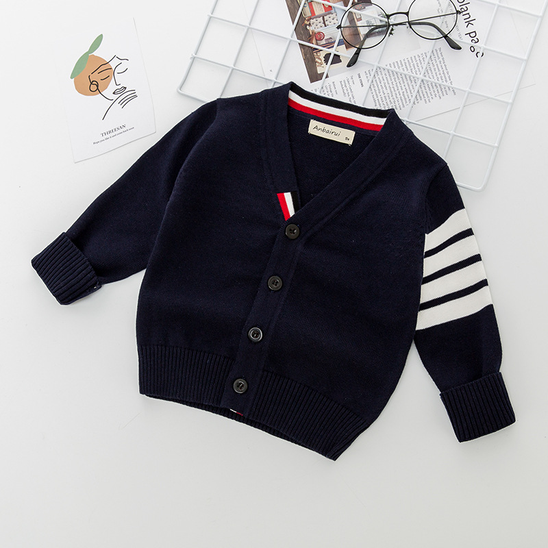 isn children's clothing 19 autumn and winter European and American children's striped knitted sweater long sleeve V-neck cardigan knitted sweater pure cotton