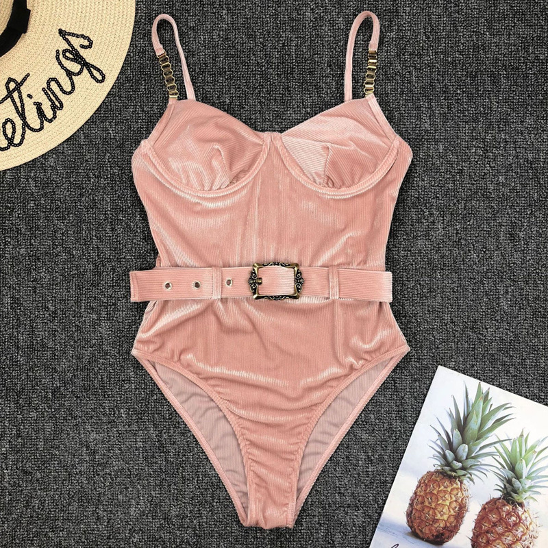 New Amazon European and American Women's One-piece Swimsuit Special Cloth Waist Buckle Metal Chain Shoulder Strap Sexy One-piece Bikini