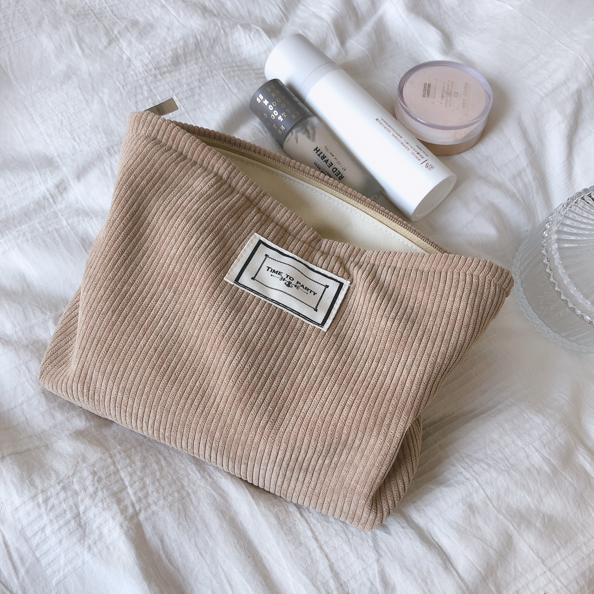 Cream Rice Apricot Brown Camel Cosmetic Bag Hand Bag Wash Bag Corduroy Cloth Bag Korean Simple All-match Solid Color