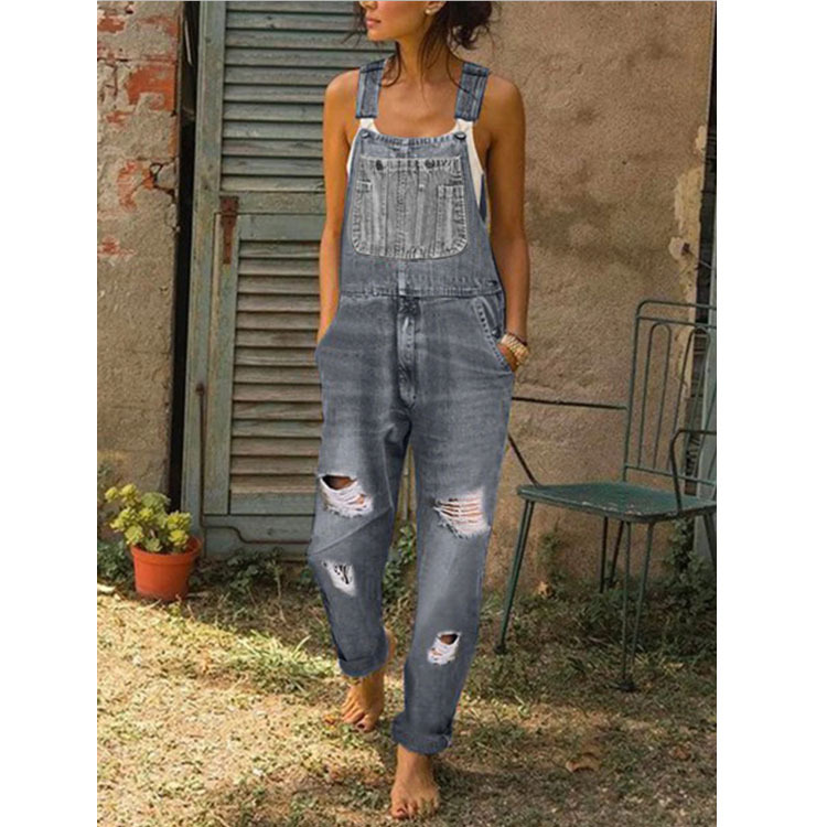 Spot AliExpress Amazon European and American women's denim bib pants holes thin women's bib pants pants