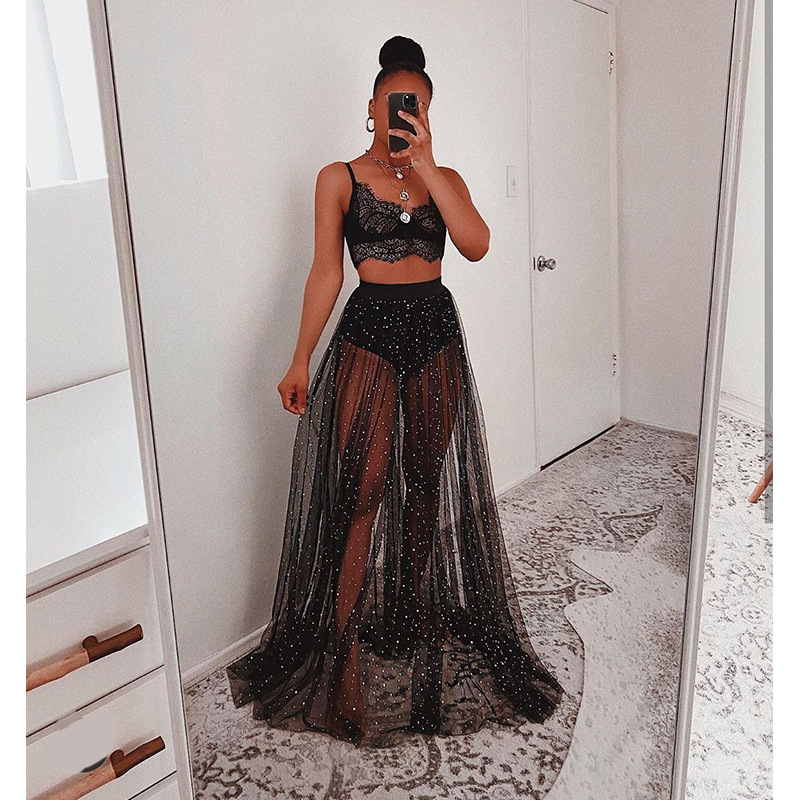 Cross-border Women's 2022 New Elegant Dress Amazon Sexy Perspective Mesh Bronzing Large Swing Skirt for Women