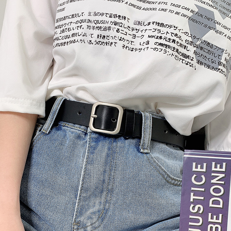 Korean Style New Belt chic Retro Rectangular Silver Buckle Women's Belt Student Wide Trouser Jeans