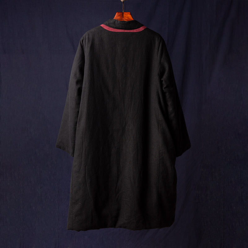 2023 Winter Neue Vintage Chinesischen Stil Vertikale Kragen Chinesischen Stil Kontrast Farbe Platte Schnalle Mittellange Baumwolle gefütterte Jacke Leinen Lose Baumwolle-pad_voghion.com