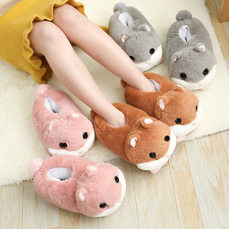 Factory direct simulation hamster plush home slippers cute girl heart mouse floor non-slip hamster bag heel shoes