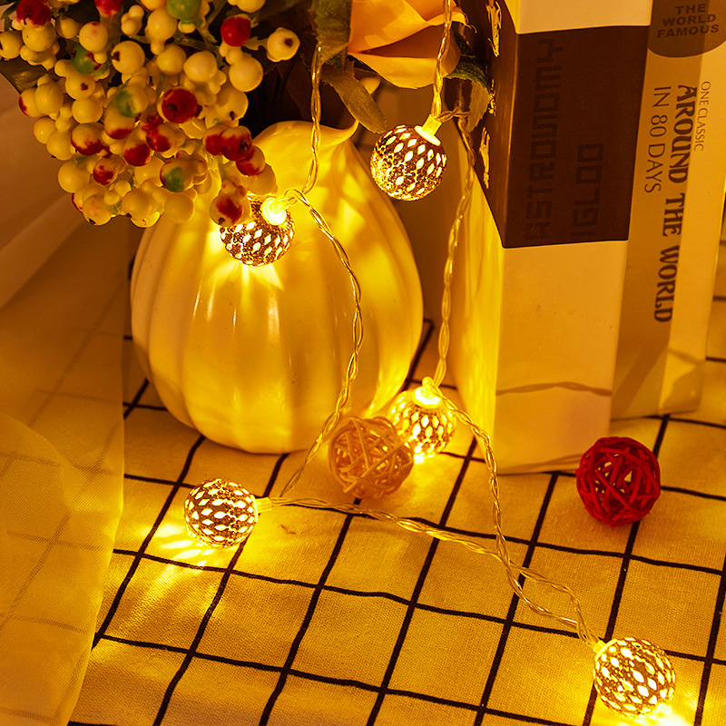 Cross-border new LED Moroccan ball light string Christmas holiday iron ball hollow golden ball decorative lights