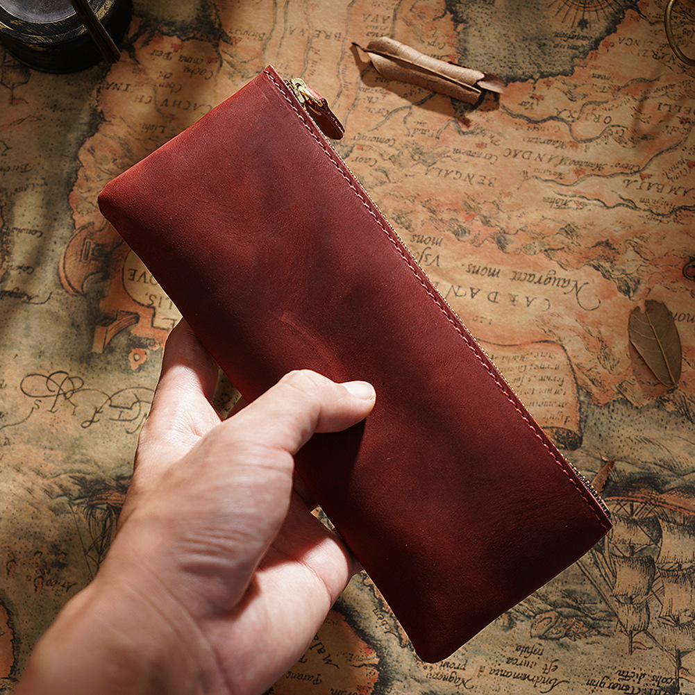 Men's and Women's Genuine Leather Zipper Simple Small Pencil Case Cowhide Pencil Case Personalized Handmade Creative Vintage Stationery Box Storage Bag