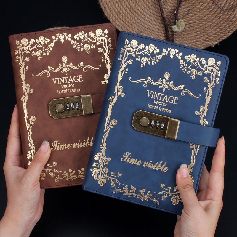 Retro European-style locked diary with thick ancient-style password notebook for women, adult college students with password lock notebook