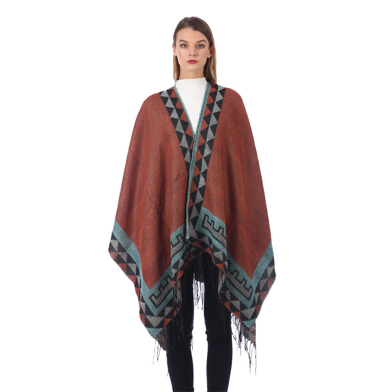 European and American Ethnic Style Triangle Tassel Lengthened Shawl Outer Decoration Women's Office and Home Dual-Use Cloak