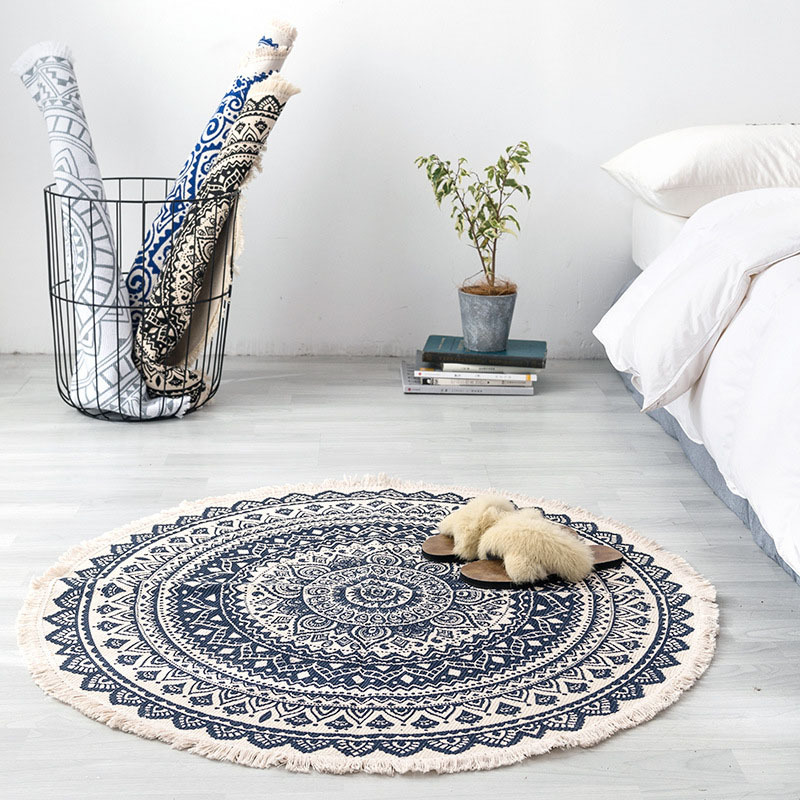 Round Cotton Woven Carpet Mandala Bohemian Style Floor Mat Living Room Bedroom Tassel Foot Mat Yoga Cushion