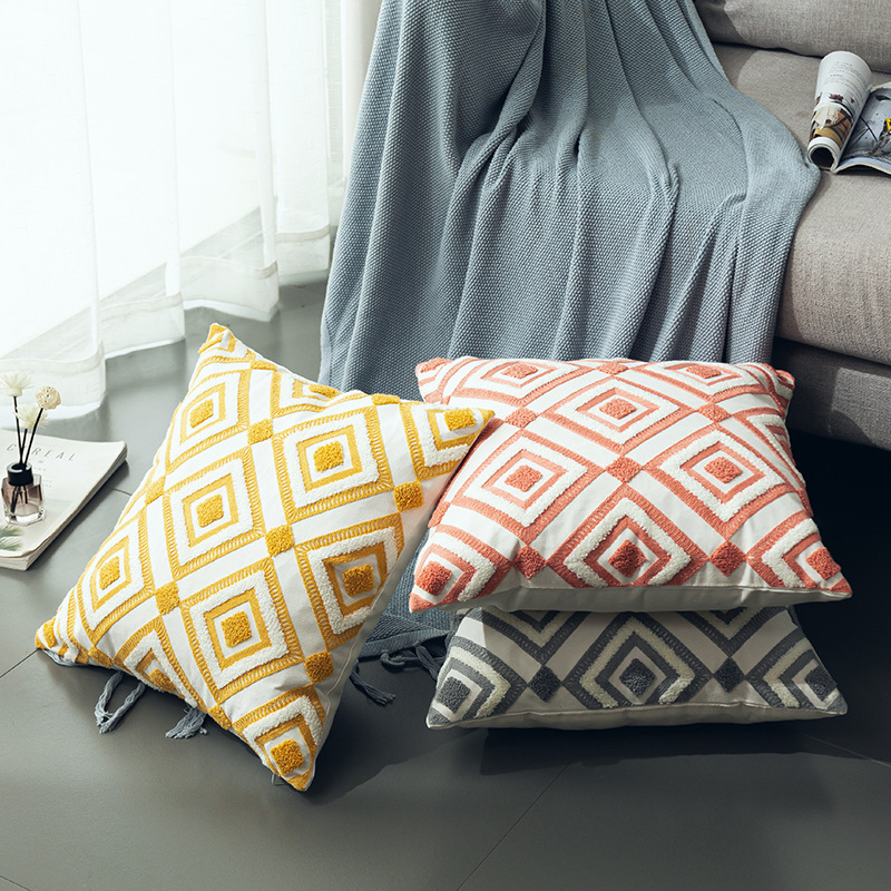 New Nordic style three-dimensional towel embroidery geometric pattern sofa cushion cover cotton embroidery pillowcase