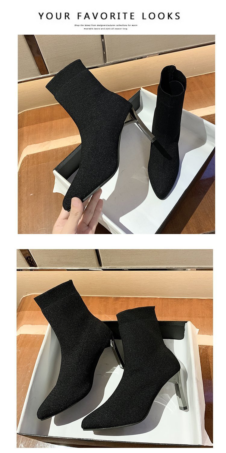 Špicaté ponožky Čižmy Dámske hrubé podpätky 2023 Jarná novinka Vysoké podpätky strečové čižmy s plochým podpätkom Vlnené čižmy Móda Krátke čižmy_voghion.com