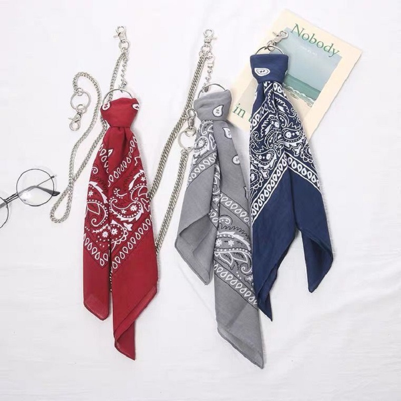 Ameikaji vintage hiphop pants towel hip hop scarf bandana cashew flower ins small square scarf pants chain waist chain