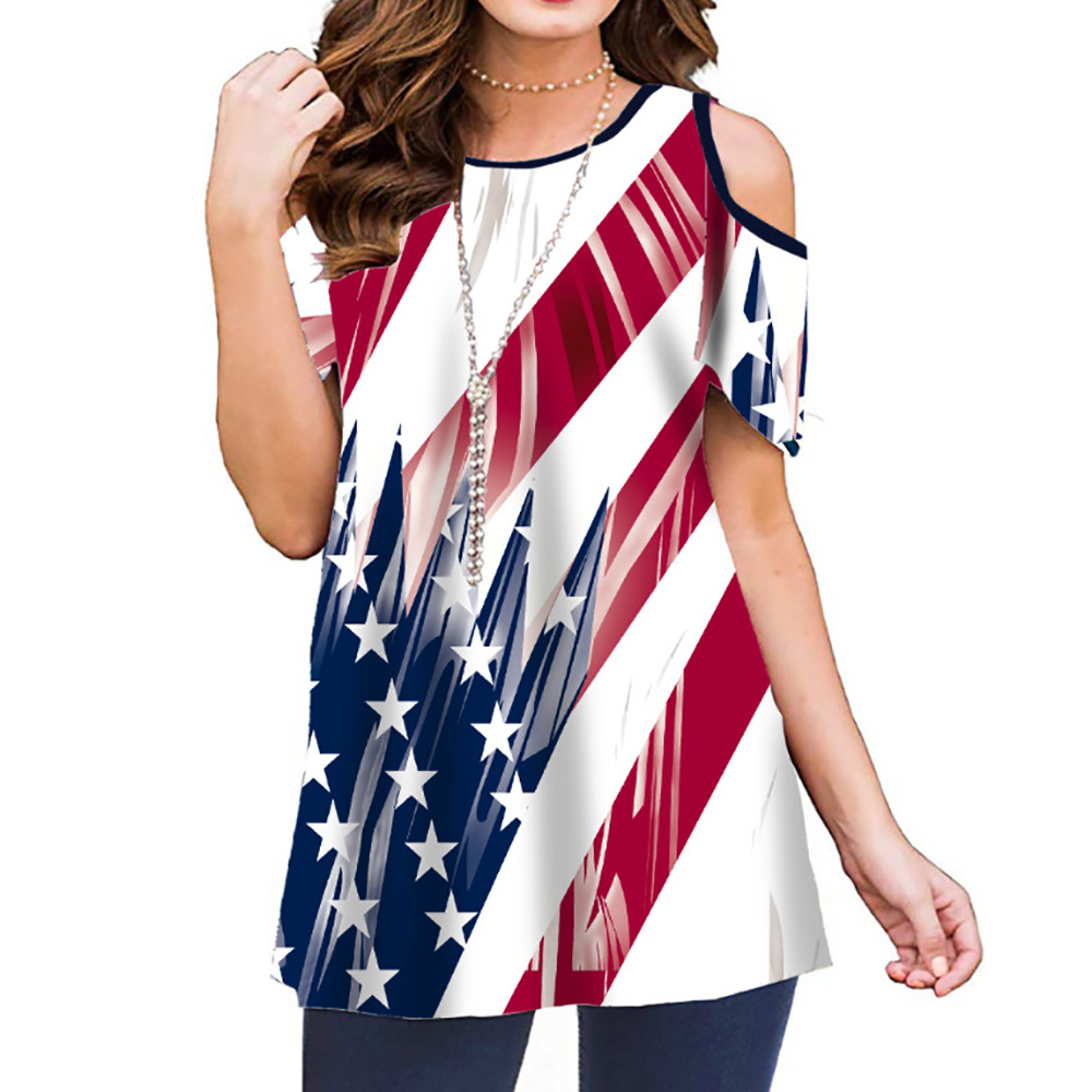 2023 Summer Amazon New Printed Off-shoulder Short-sleeved Pullover Women's Casual Base Shirt Top T-shirt 25 Color