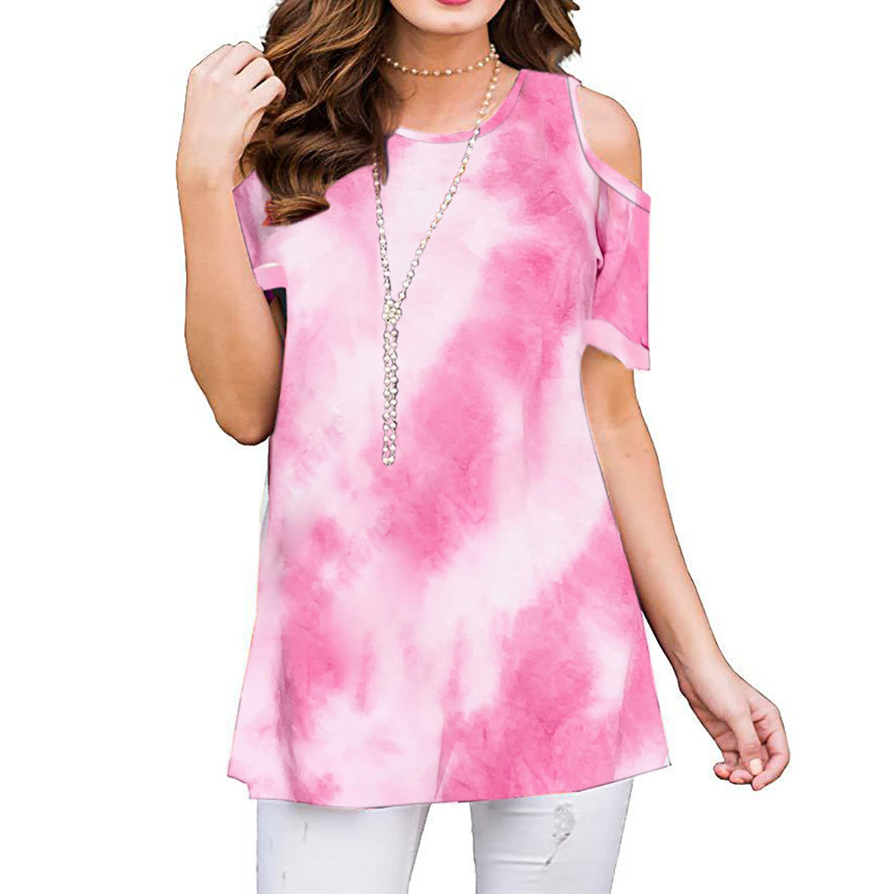 2023 Summer Amazon New Printed Off-shoulder Short-sleeved Pullover Women's Casual Base Shirt Top T-shirt 25 Color