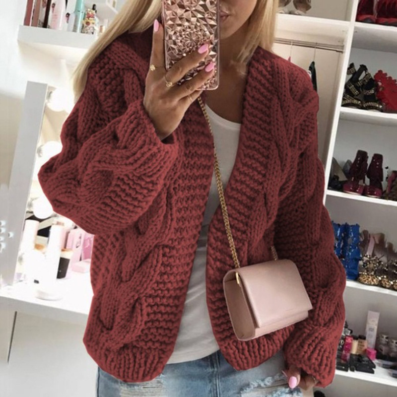 Amazon 2023 autumn and winter wish new sweater women Europe and the United States rough thick line twist knit cardigan sweater women
