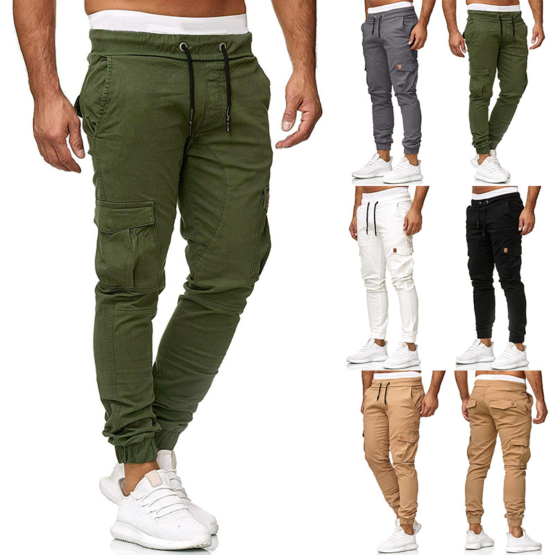 2023 new European size men's parquet tether belt toe casual pants solid color leggings men's new rice White