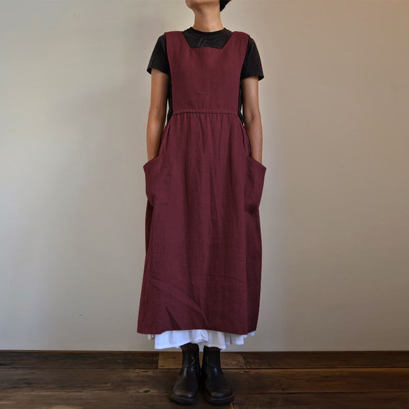 2023 Cross-border Source ebay Women's Cotton and Linen Apron High Waist Long Wai Home Clothes Loose Long Dress