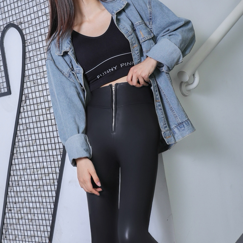 High Waist Zipper Leather Pants for Women 2020 Autumn and Winter New Matte Baby Leather Fleece-Lined Slim-Looking Stretch Outer Wear Leggings