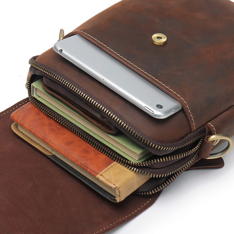 Factory Batch Handmade Crazy Horse Leather Men's Bag Shoulder Bag Men's Cowhide Vertical Simple Vintage Genuine Leather Crossbody Bag Men's Backpack