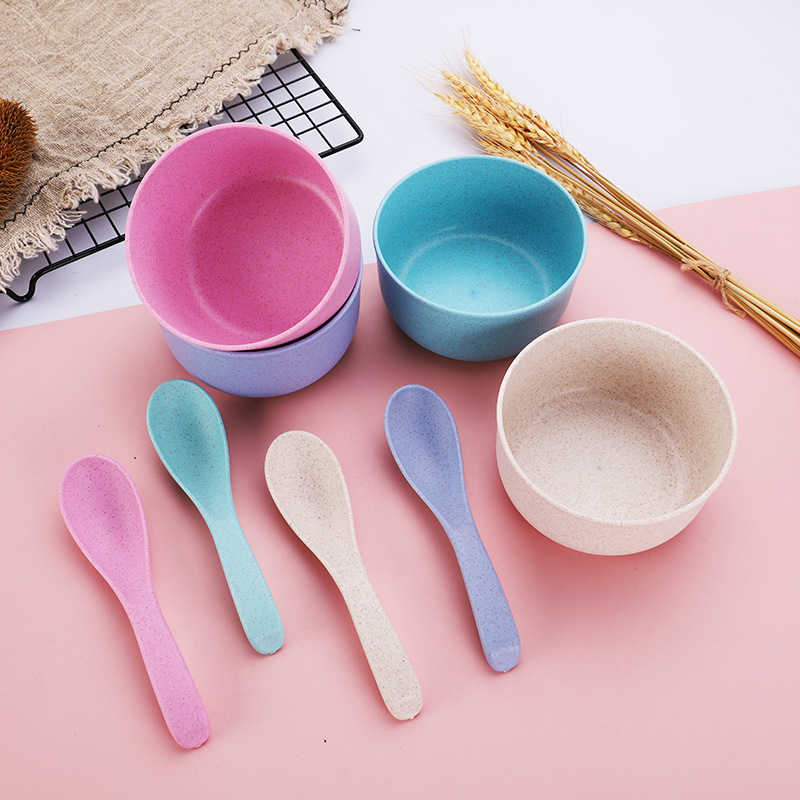 Wheat Straw Bowl and Spoon Set Oatmeal Bowl Children's Outdoor Picnic Tableware Two-piece Set Four-color Gift Wholesale