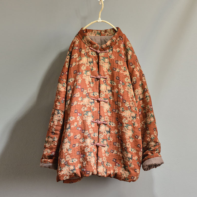 Naran/original plus size cotton and linen women's clothing Chinese cardigan stand collar casual cotton-padded clothes vintage printed warm cotton-padd_voghion.com