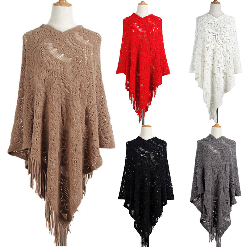 wish Midi Crochet Hollow Irregular Tassel Pullover Sweater Women's Cape Shawl Sweater