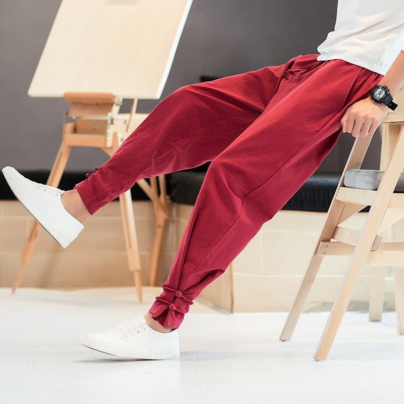 Linen Casual Trousers Thin Men's Chinese-style Loose Hallen Pants Large Size Sports Cropped Pants Men's Tie Pants