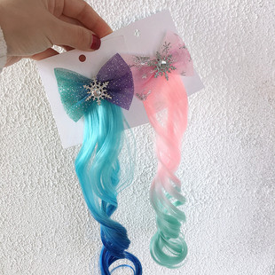 Snow Princess Snowflake Bow Dazzling Dye Gradient Wig Hair Pieces Children's Wig Winding Side Clip Flowing Sea Clip Hair Accessories