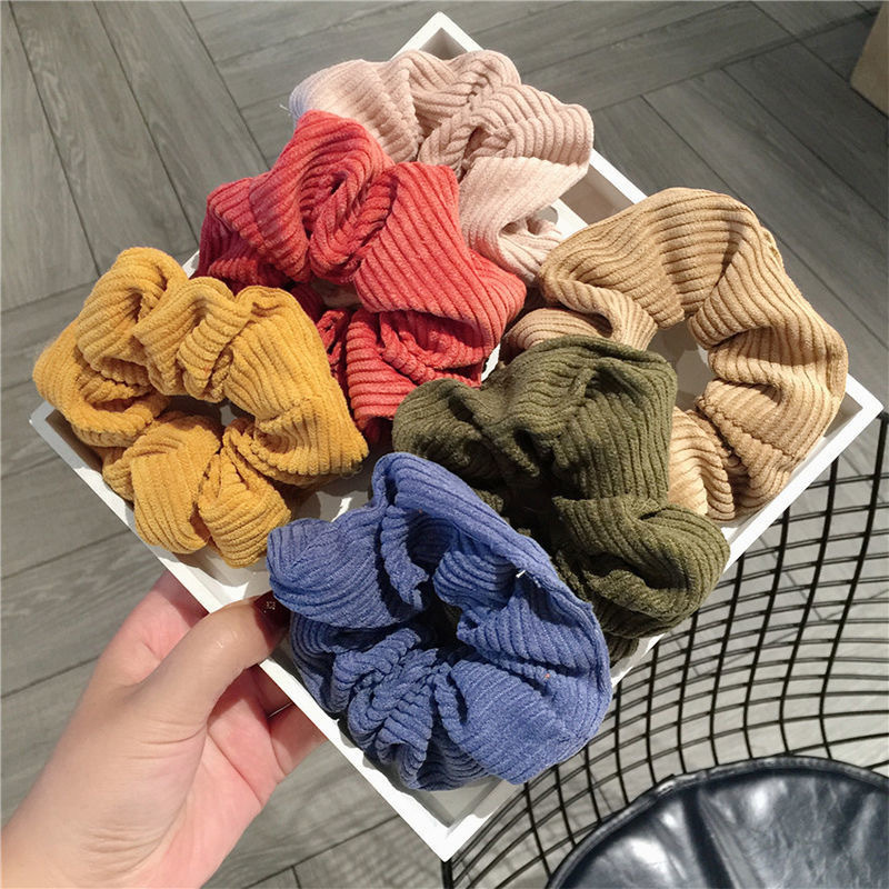 Autumn and winter New corduroy plush large intestine ring Korean solid color adult temperament fat intestine ring striped pig large intestine hair ring