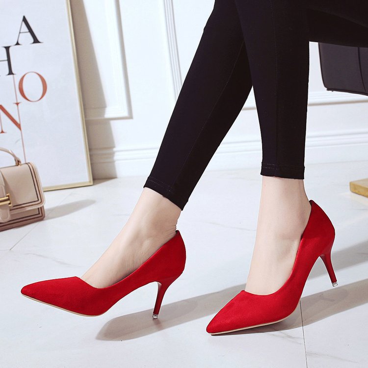 2020 new women's high heels stiletto heel pointed single-layer shoes professional work shoes black suede plus size women's shoes wholesale