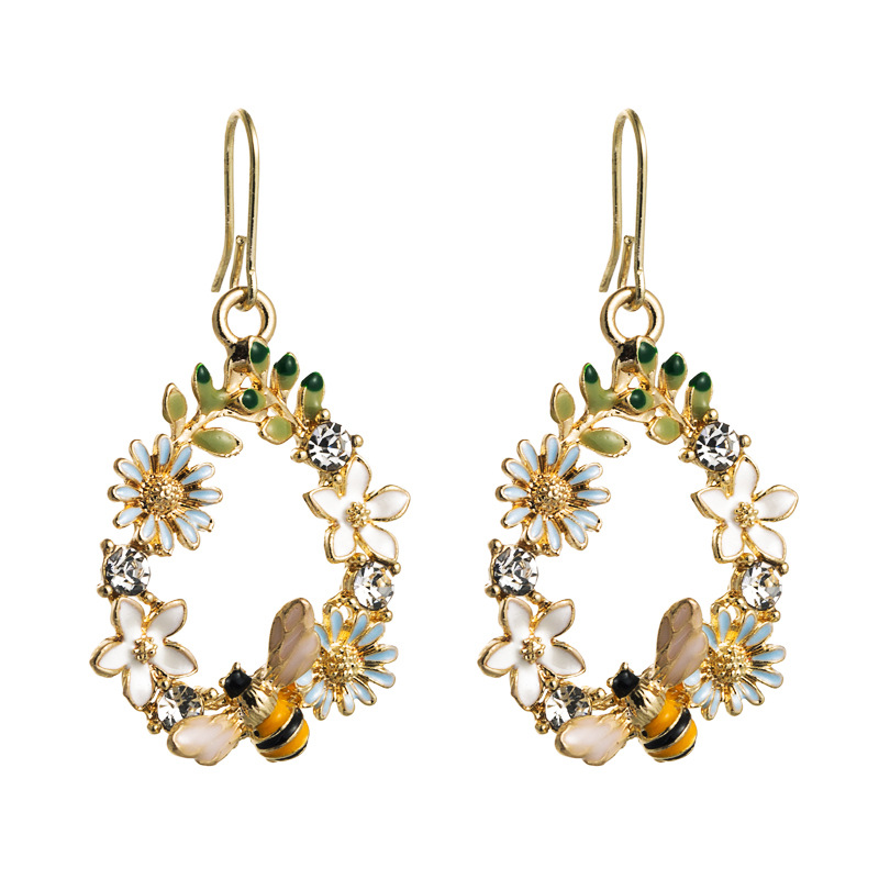 Europe and the United States cross-border creative flowers drop oil alloy earrings female S925 silver needle diamond color butterfly bee ear jewelry