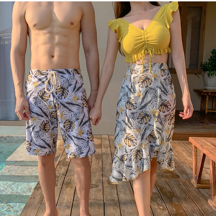 INS Style New Sexy Lace Fashion Printed Lovers Split Skirt Swimsuit Women's Three-Piece Beach Pants for Men