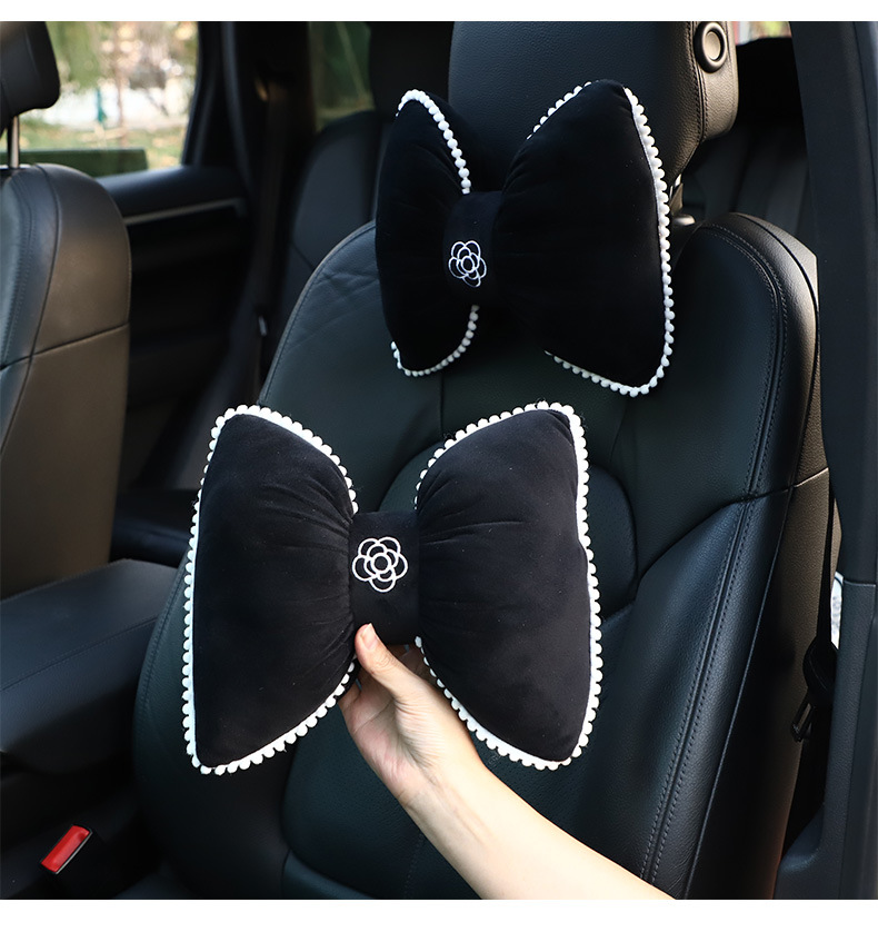 Pernă de gât pentru tetiera auto cu fundă Camellia, pernă de iarnă din pluș pentru spătarul scaunului auto_voghion.com