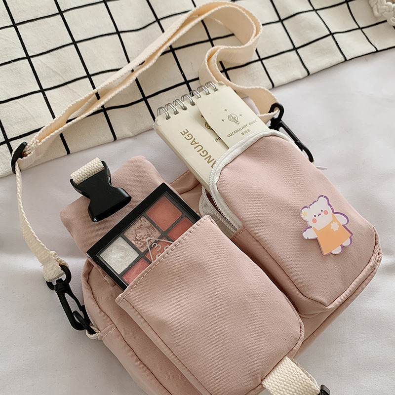 Cute Bear Double Pocket Canvas Small Bag 2020 Winter New Harajuku Style Crossbody Bag Internet Celebrity Small Square Bag