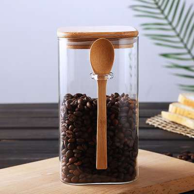 Japanese Style Square Large Glass Sealed Storage Jar with Wooden Spoon Spicing Box Coffee Bean Jar Household Milk Powder Tea Leaf Jar