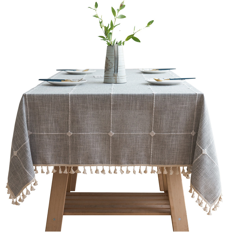 Modern Simple Cotton and Linen Solid Color Square Plaid Dustproof Tablecloth Rectangular Tassel Coffee Table Dining Table Hotel Tablecloth Table Mat