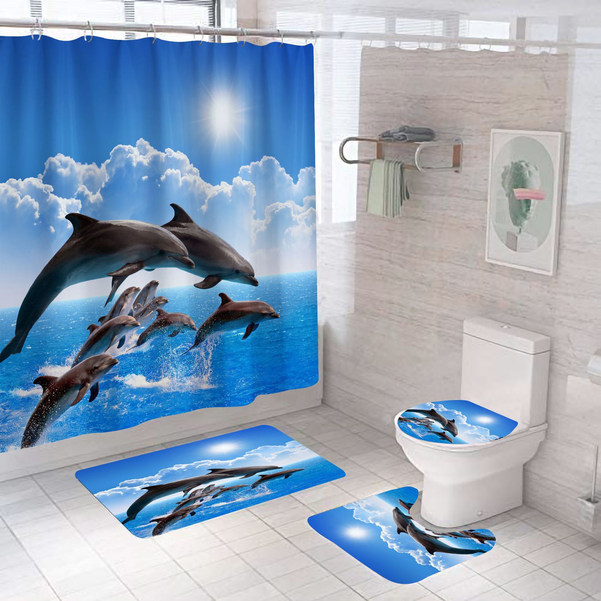 Cross-border Shower Curtain Jumping Dolphin Shower Curtain Set Digital Printing Polyester Shower Curtain Punch-free Bathroom Curtain Partition Bath Cover