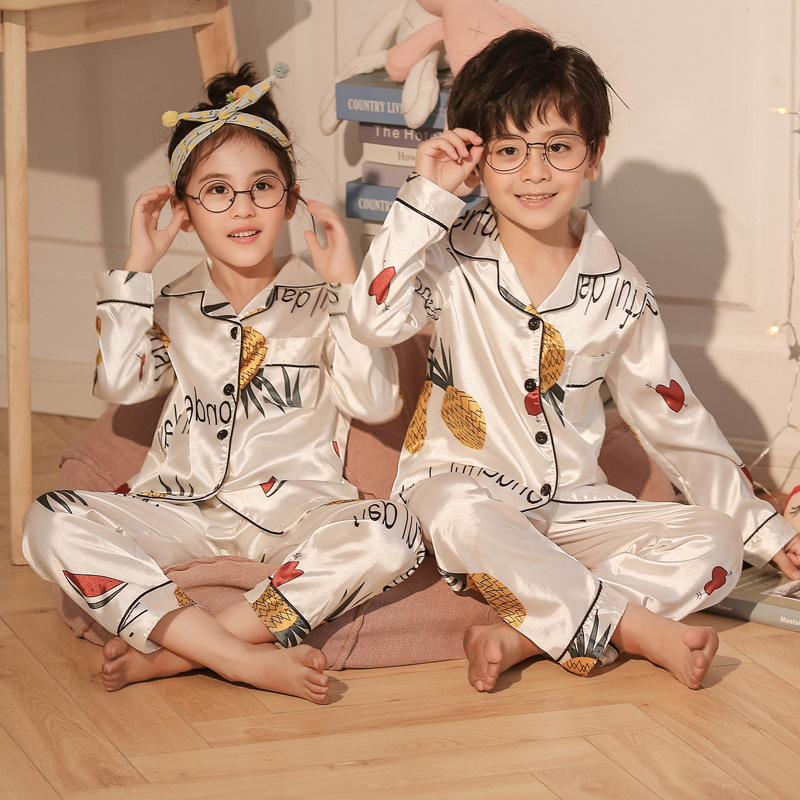 Children's Pajamas Thin Boys and Girls Big Baby Summer Suit Girls Kids Long Sleeve Ice Silk Air Conditioning Home Clothes
