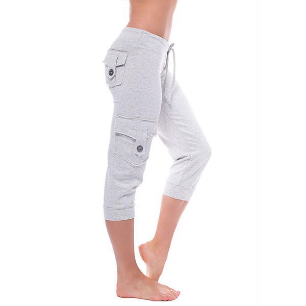 2019 European and American elastic waist button pocket yoga cropped pants