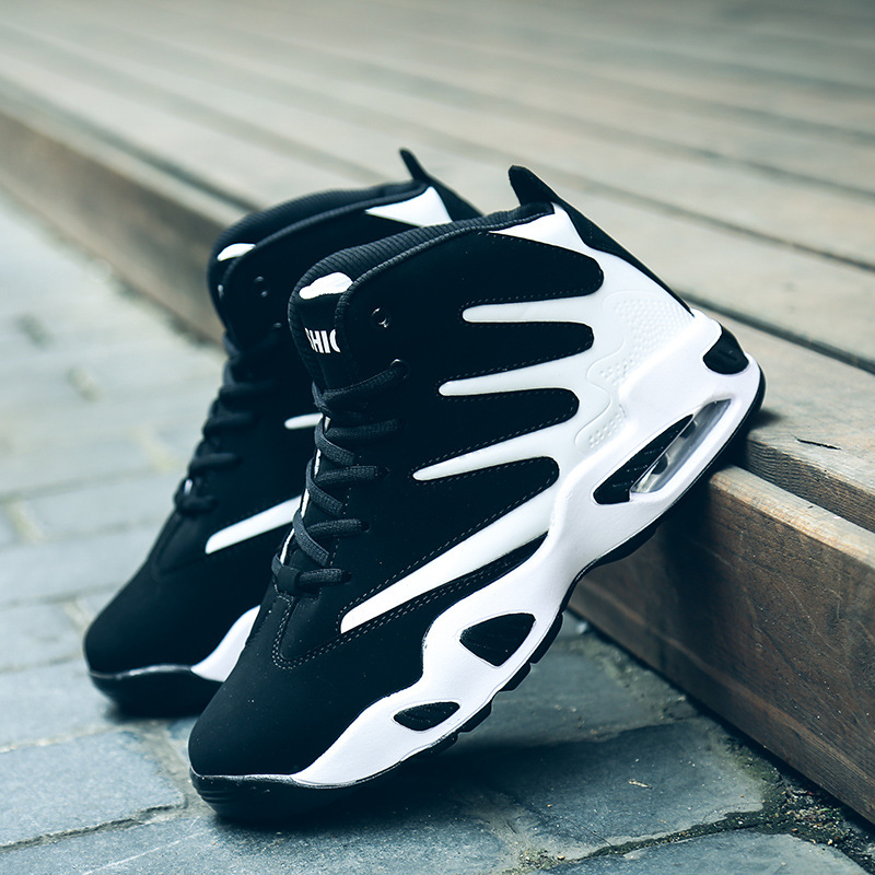 8812 men's and women's basketball shoes spring, autumn and winter high-top striped leather cow sneaker air cushion shock-absorbing plus size cross-border