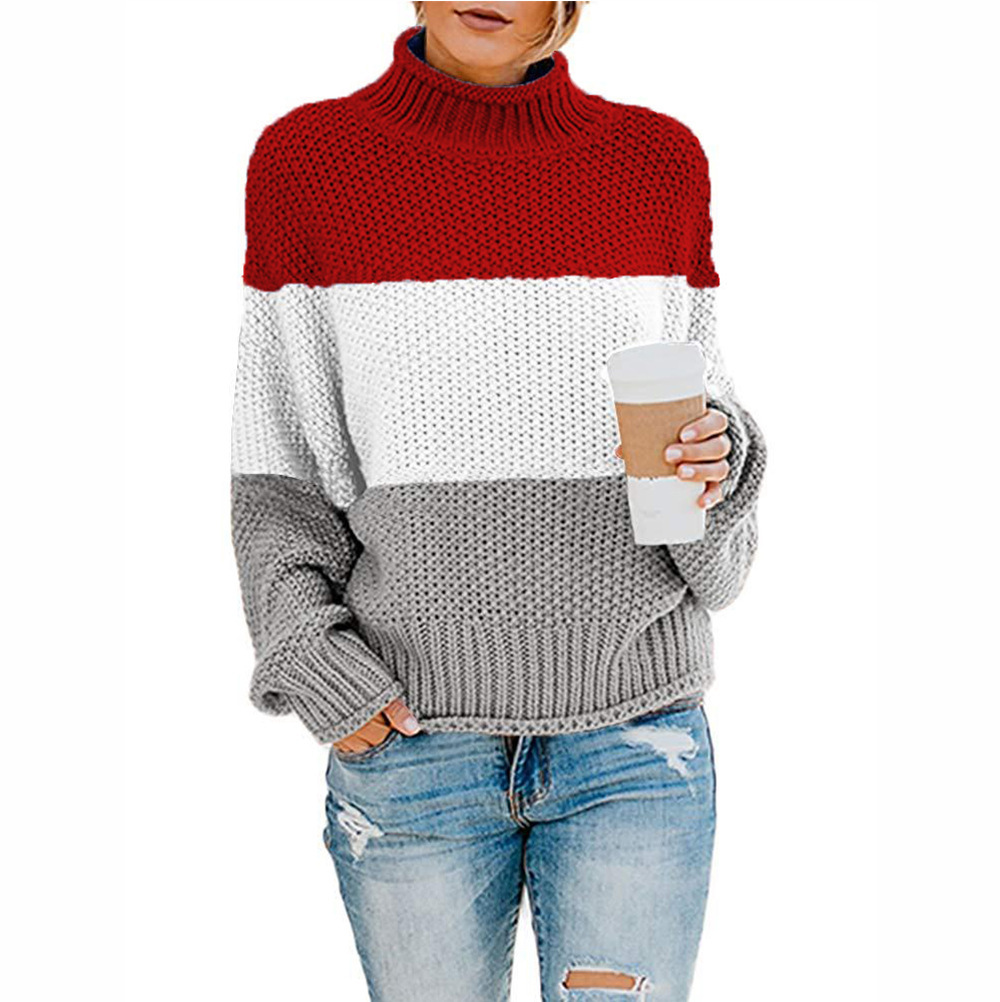 2024 cross-border wish autumn and winter new sweater sweater foreign trade women's Amazon thick line color matching high collar pullover