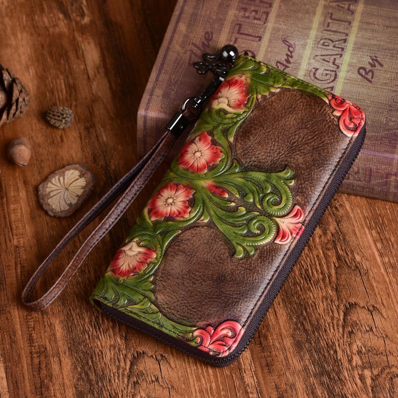 Explosions women's wallet first layer cowhide retro embossed hand-colored export long clutch bag a generation of hair