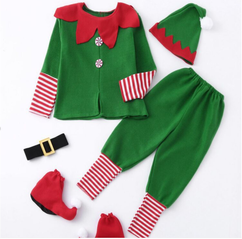 New Children's Christmas Elf Suit cosplay Suit for Boys and Girls Parent-Child Suit Green Christmas Ball Costume