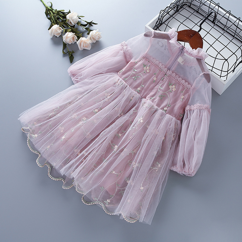 Spring and autumn new children's skirt lace mesh embroidery bubble sleeve long sleeve girls dress Korean version of a generation of hair