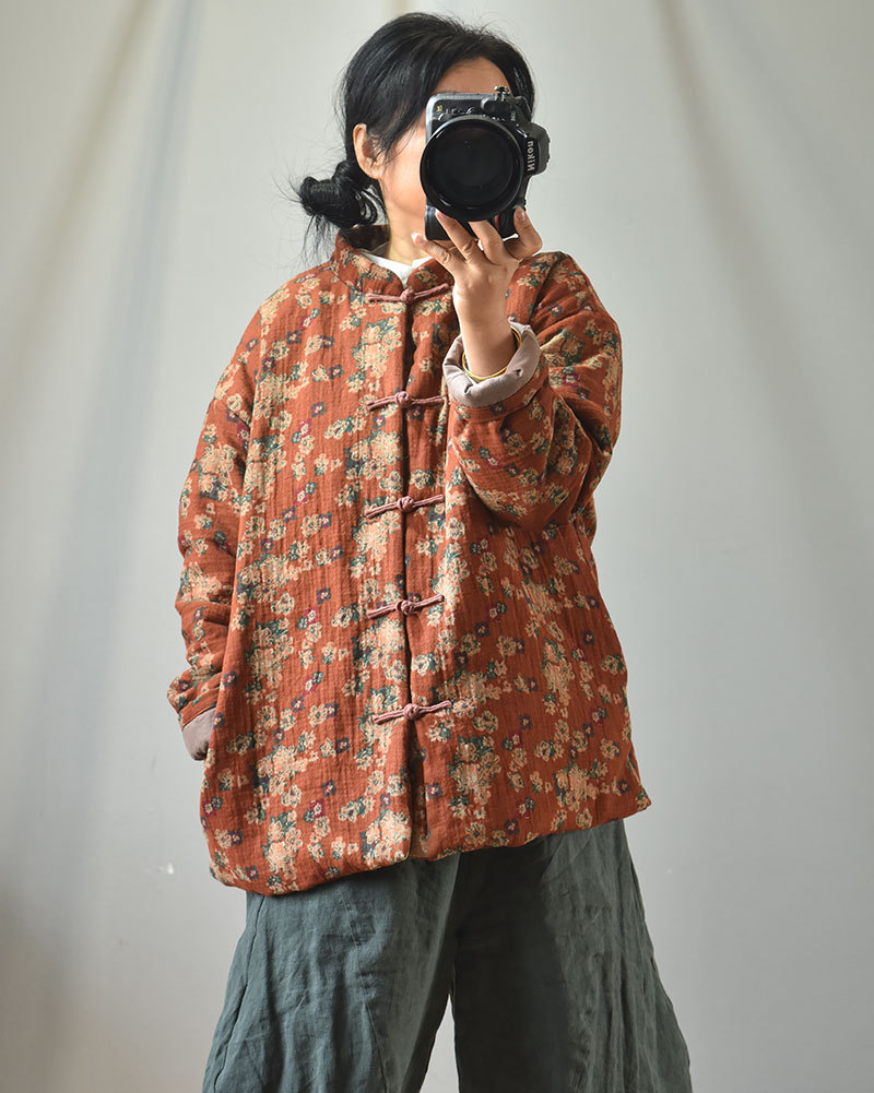Naran/original plus size cotton and linen women's clothing Chinese cardigan stand collar casual cotton-padded clothes vintage printed warm cotton-padd_voghion.com